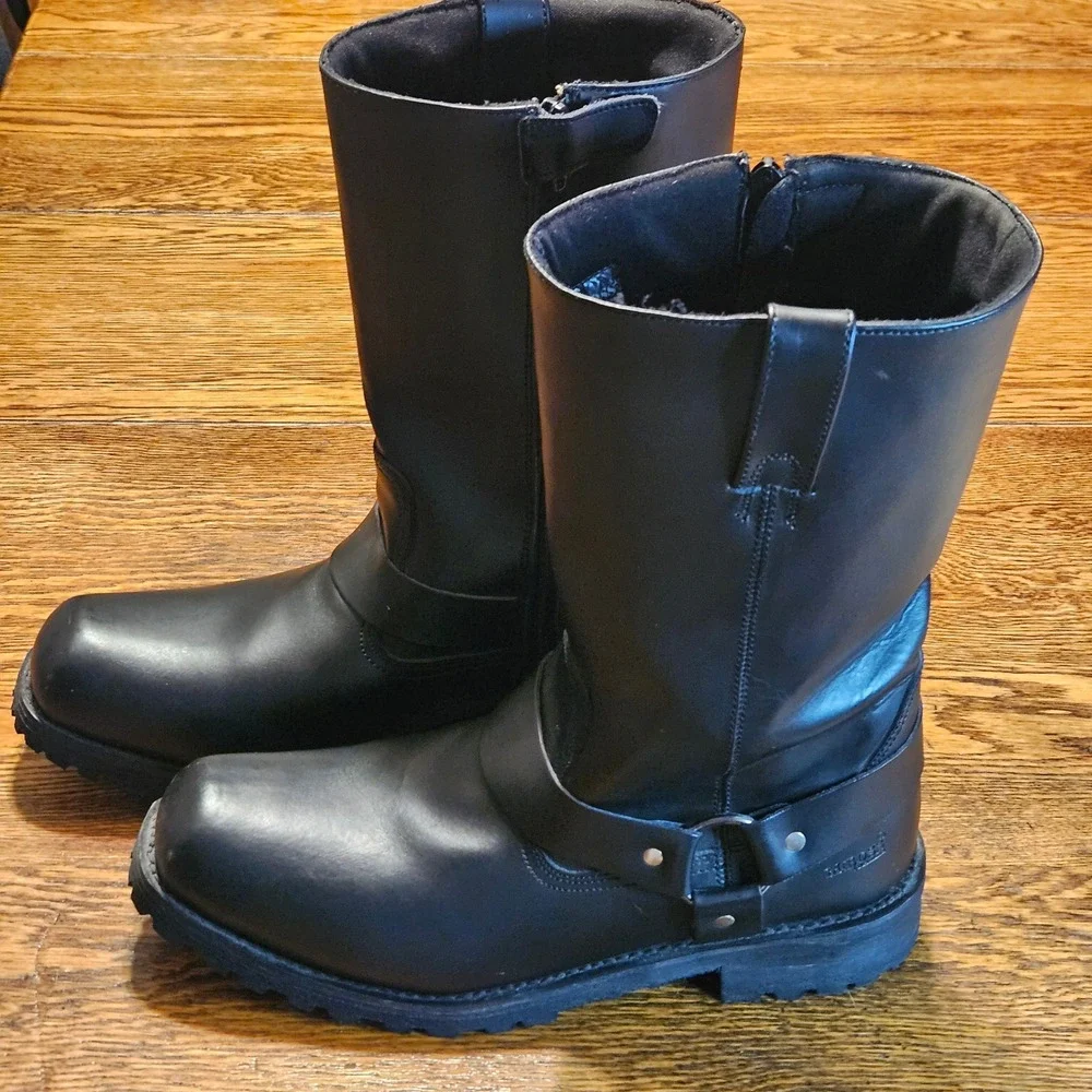 M-Boss BOS-49001 Mens Black Leather Harness Motorcycle Boots‎ Square Toe Size 14